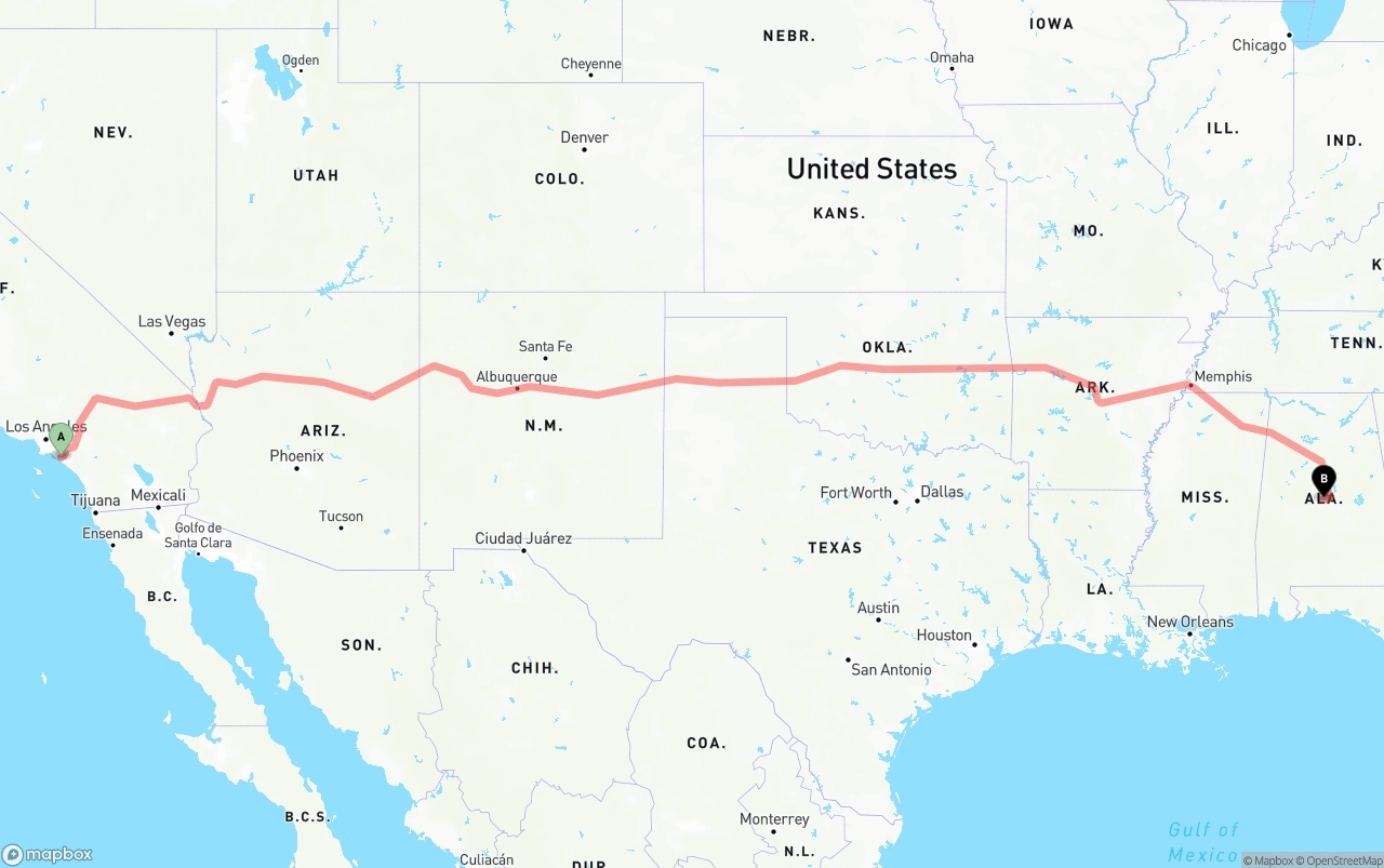 Shipping route from John Wayne Airport — Orange County to Alabama