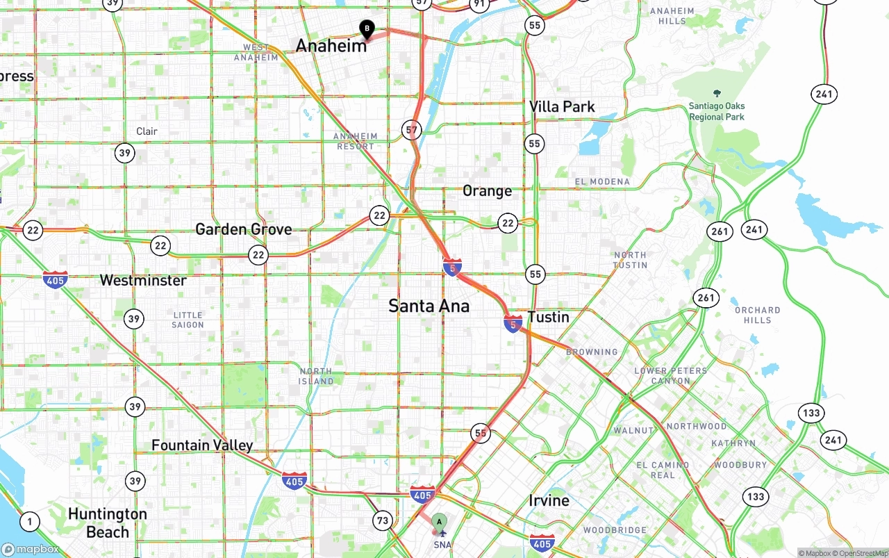 Shipping route from John Wayne Airport — Orange County to Anaheim