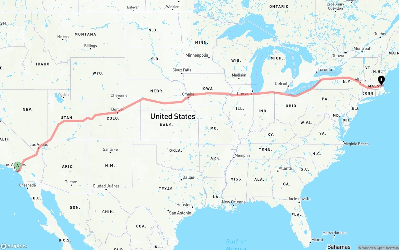 Shipping route from John Wayne Airport — Orange County to Boston