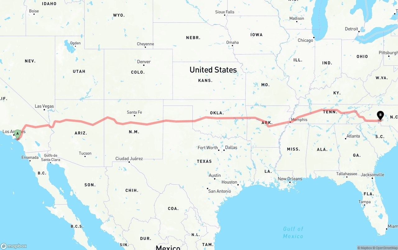 Shipping route from John Wayne Airport — Orange County to Charlotte