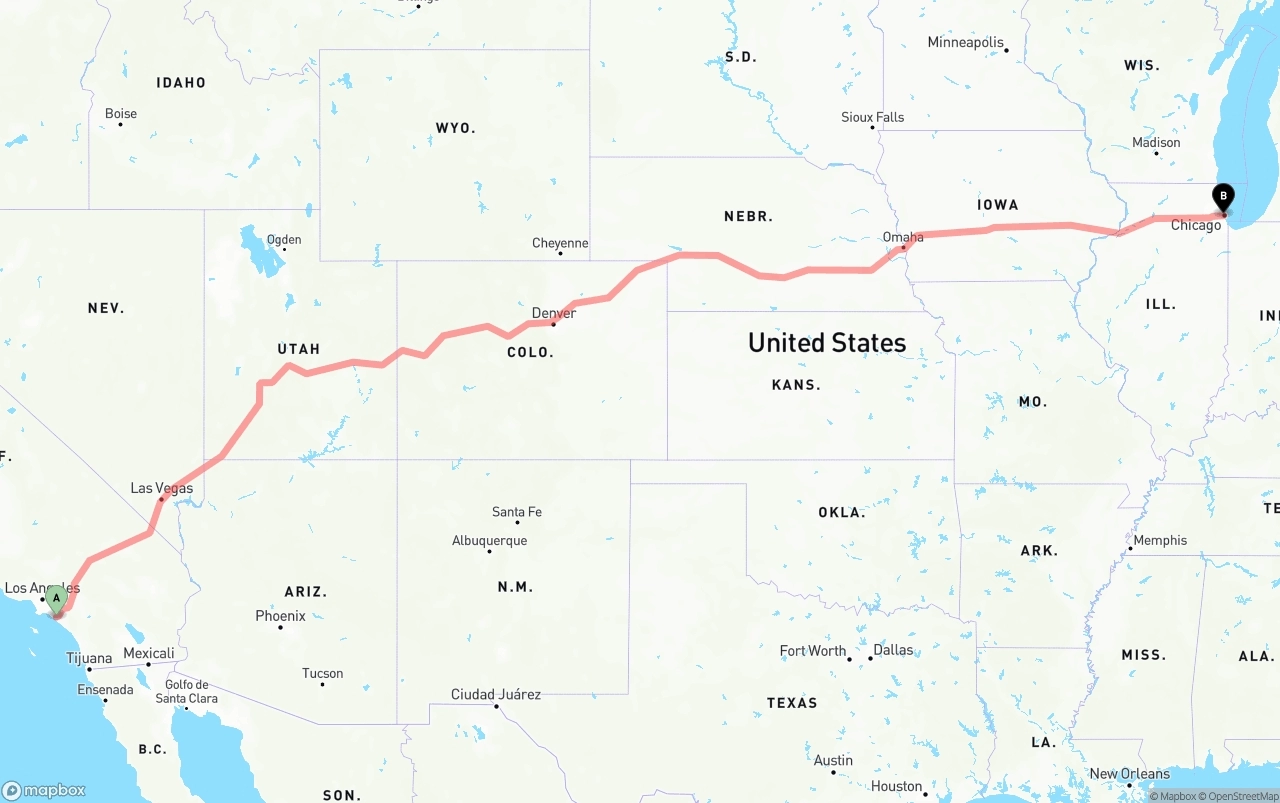 Shipping route from John Wayne Airport — Orange County to Chicago