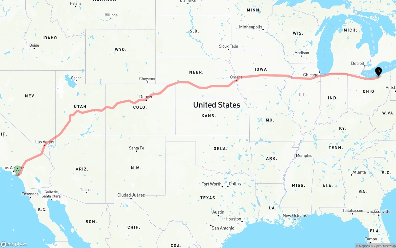 Shipping route from John Wayne Airport — Orange County to Cleveland