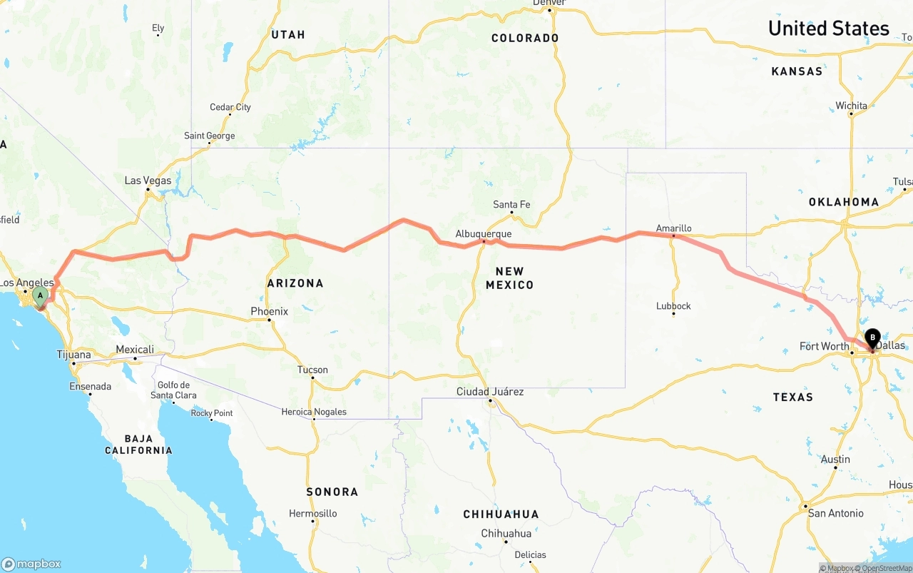 Shipping route from John Wayne Airport — Orange County to Dallas