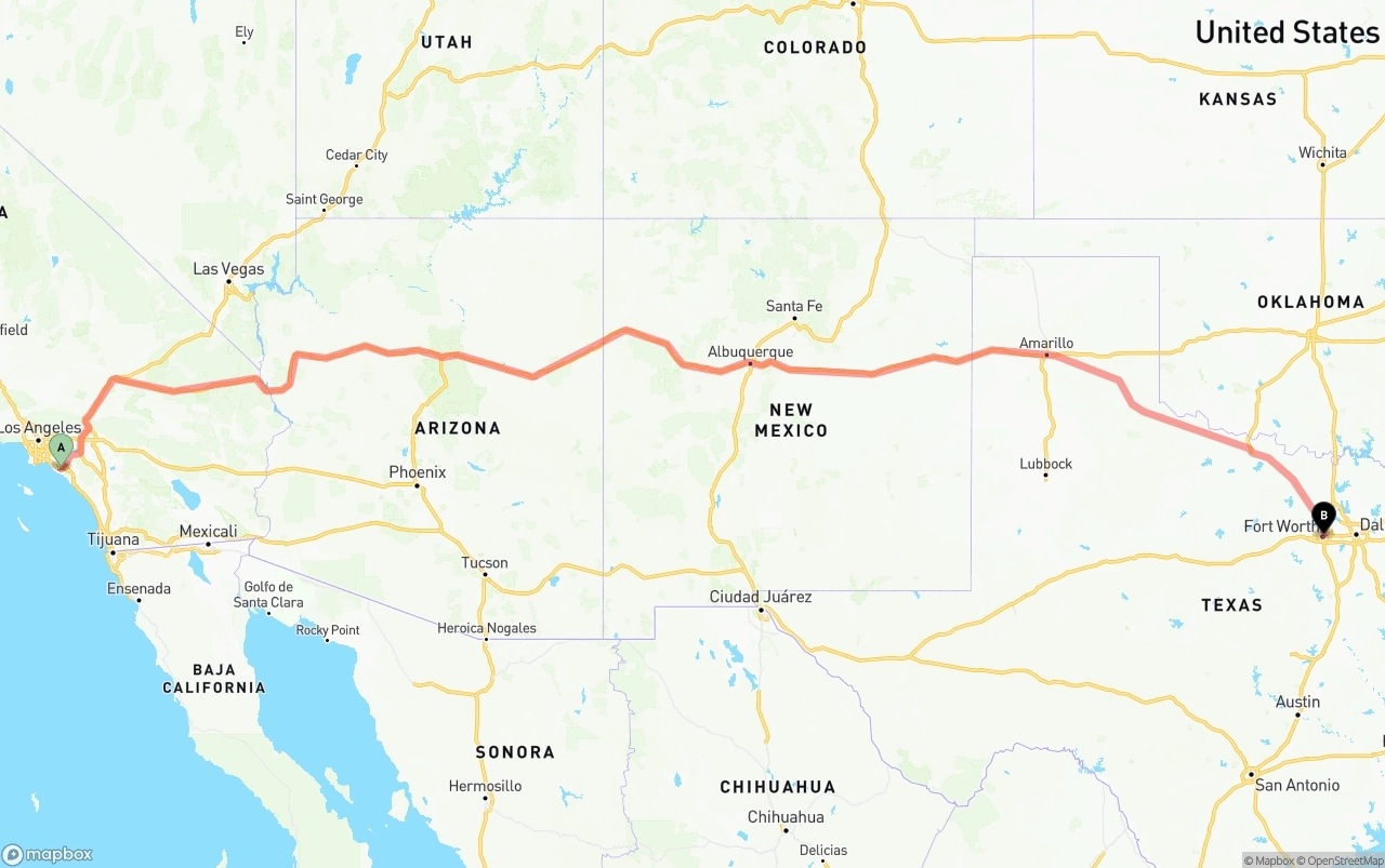 Shipping route from John Wayne Airport — Orange County to Fort Worth