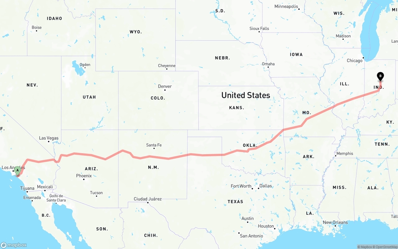 Shipping route from John Wayne Airport — Orange County to Indiana