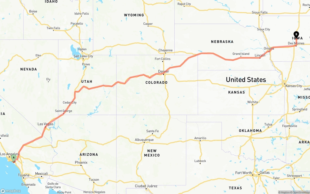 Shipping route from John Wayne Airport — Orange County to Iowa