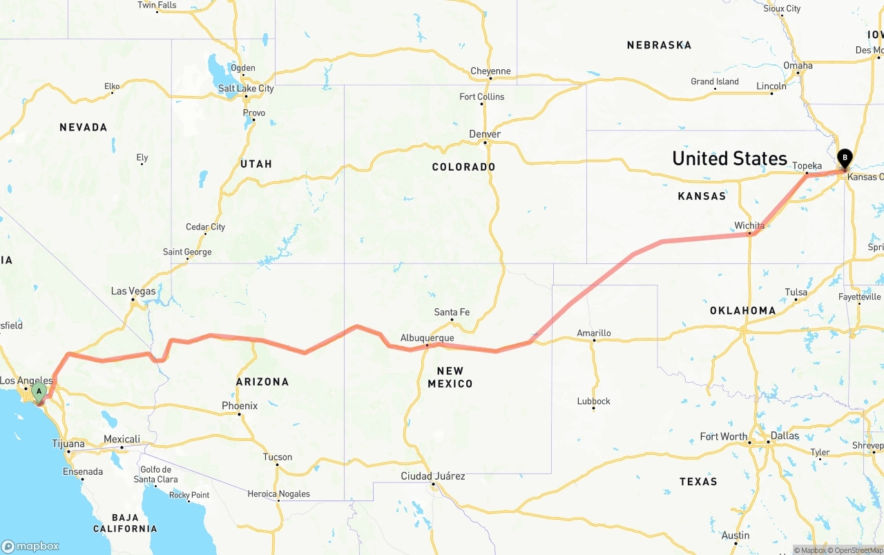 Shipping route from John Wayne Airport — Orange County to Kansas City