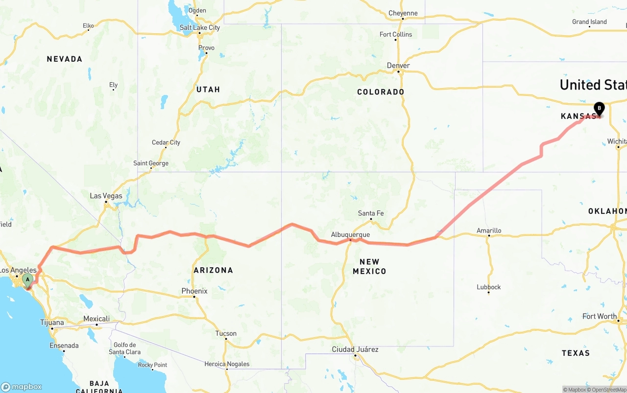Shipping route from John Wayne Airport — Orange County to Kansas