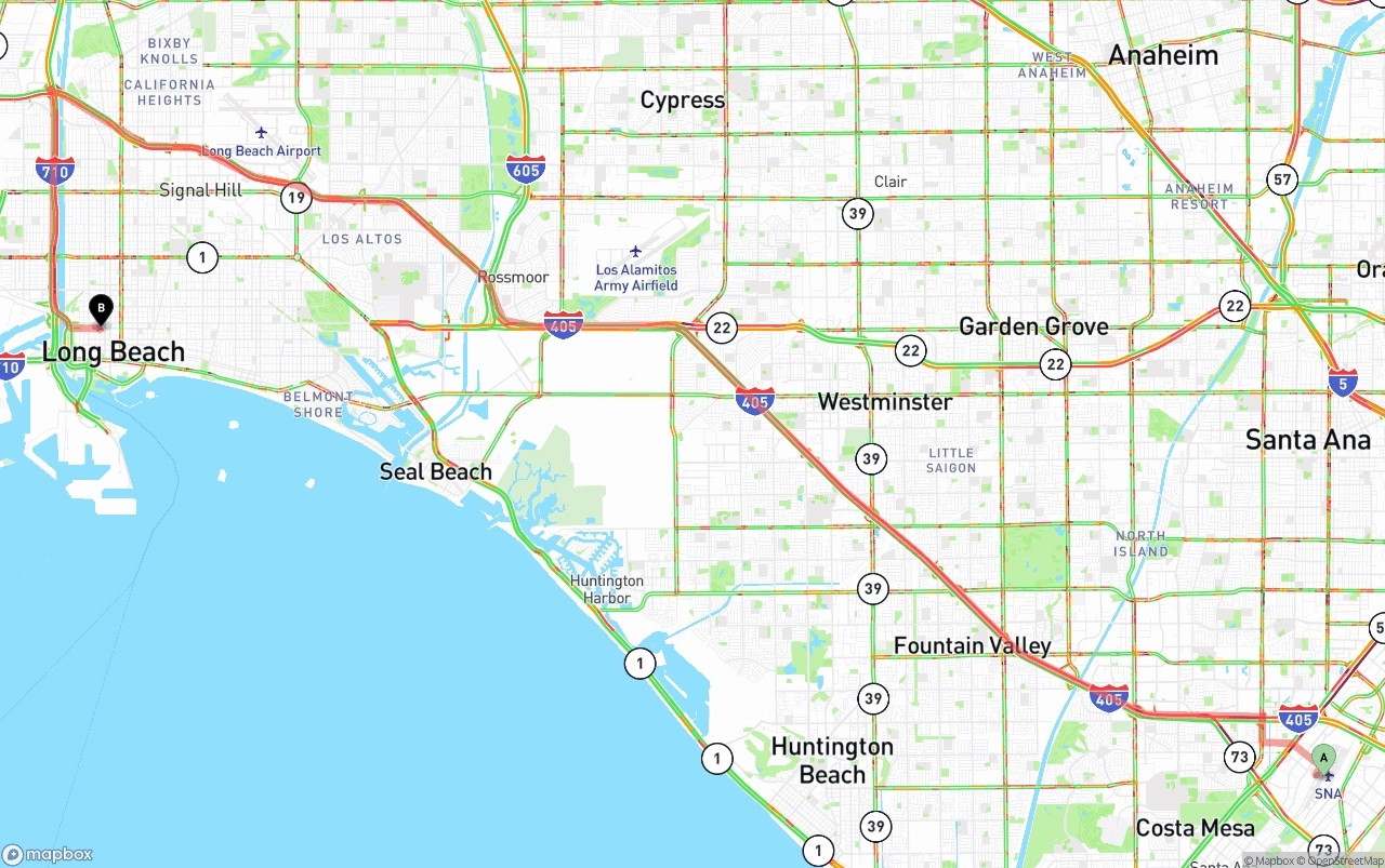 Shipping route from John Wayne Airport — Orange County to Long Beach