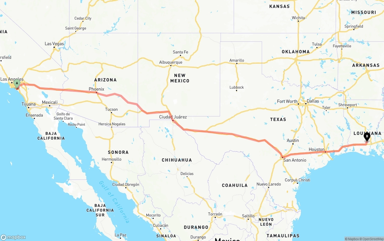 Shipping route from John Wayne Airport — Orange County to Louisiana