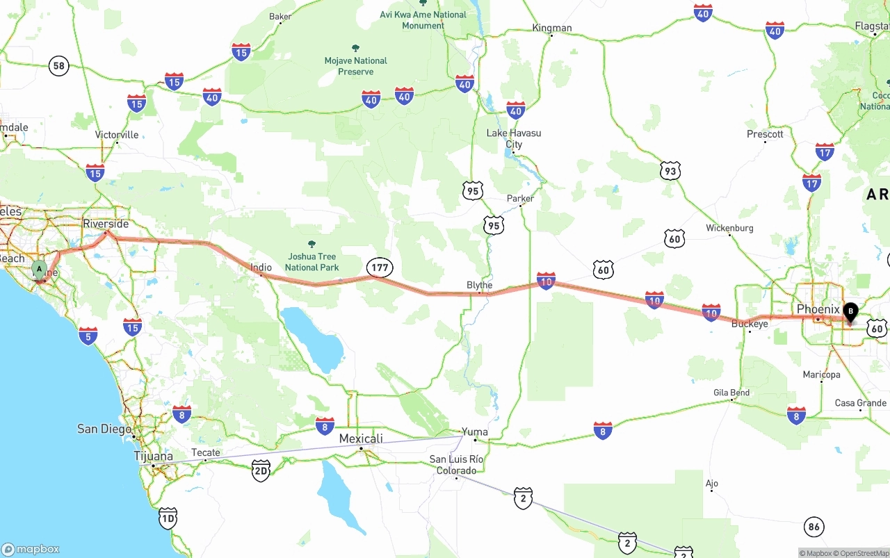 Shipping route from John Wayne Airport — Orange County to Mesa