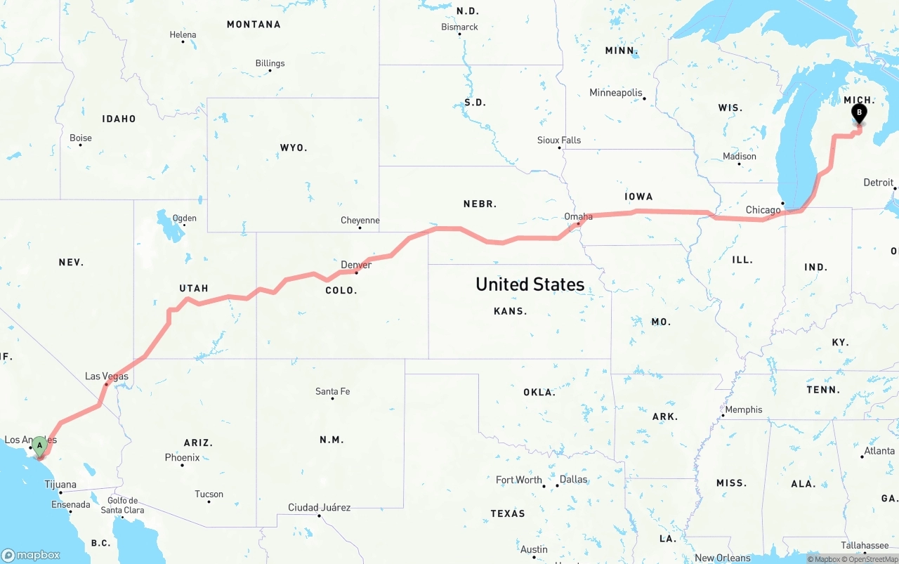 Shipping route from John Wayne Airport — Orange County to Michigan