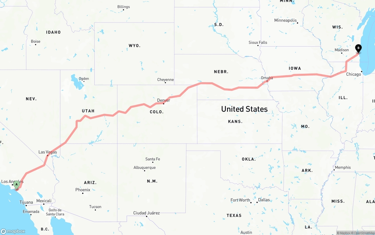 Shipping route from John Wayne Airport — Orange County to Milwaukee