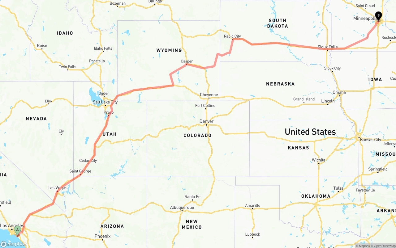 Shipping route from John Wayne Airport — Orange County to Minneapolis