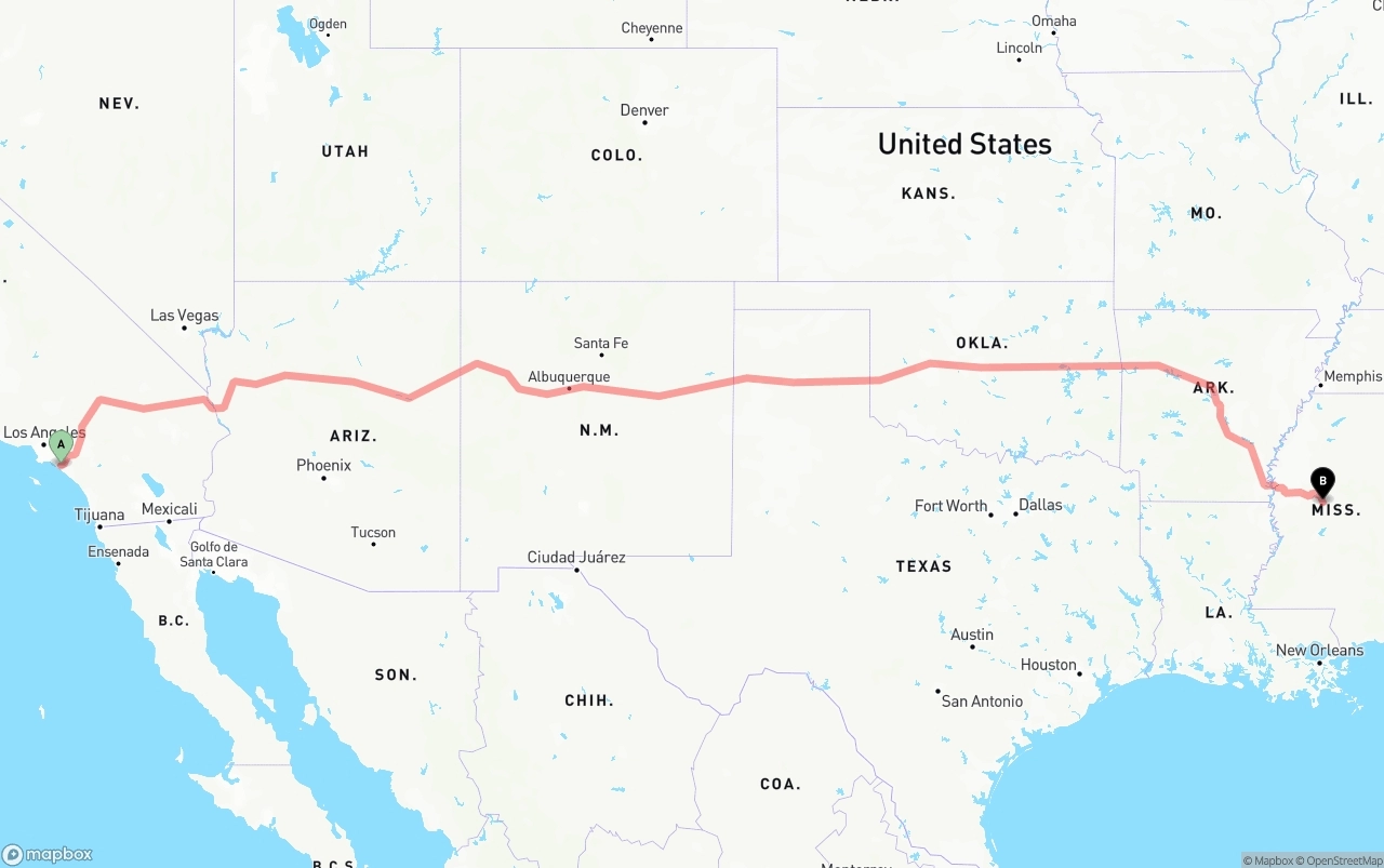 Shipping route from John Wayne Airport — Orange County to Mississippi