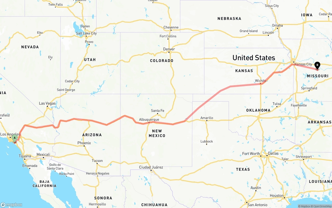 Shipping route from John Wayne Airport — Orange County to Missouri