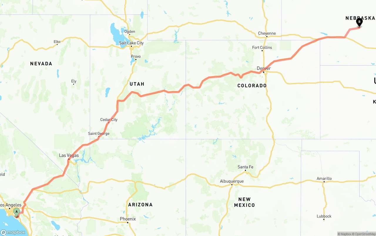 Shipping route from John Wayne Airport — Orange County to Nebraska