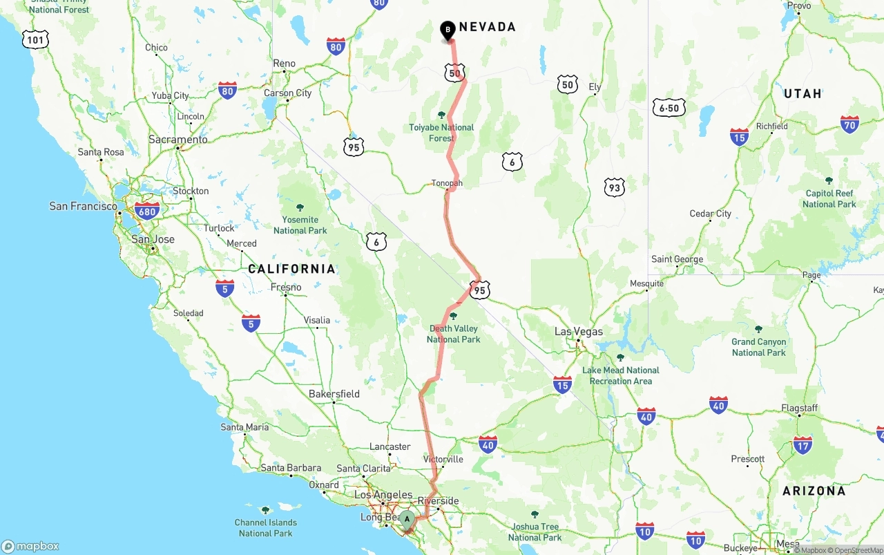 Shipping route from John Wayne Airport — Orange County to Nevada