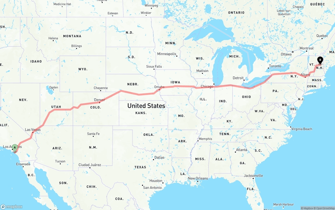 Shipping route from John Wayne Airport — Orange County to New Hampshire