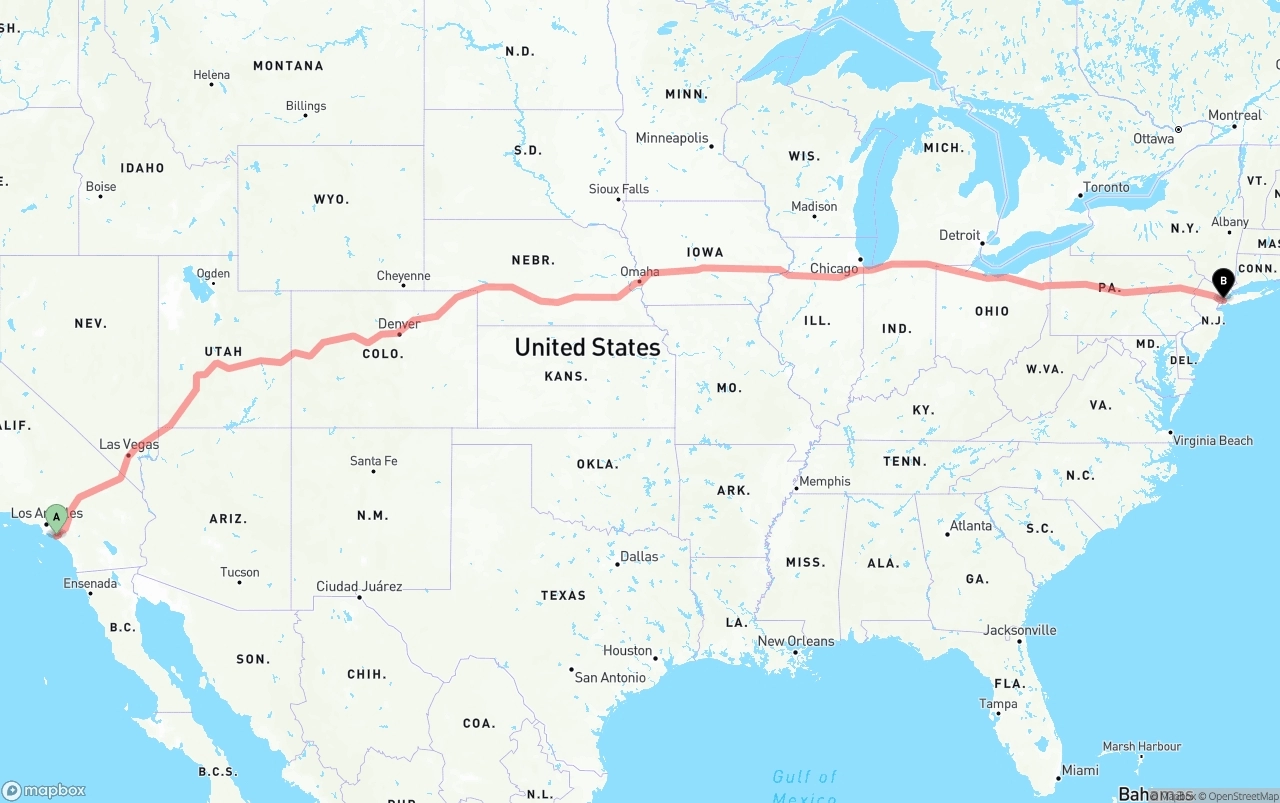 Shipping route from John Wayne Airport — Orange County to New York City