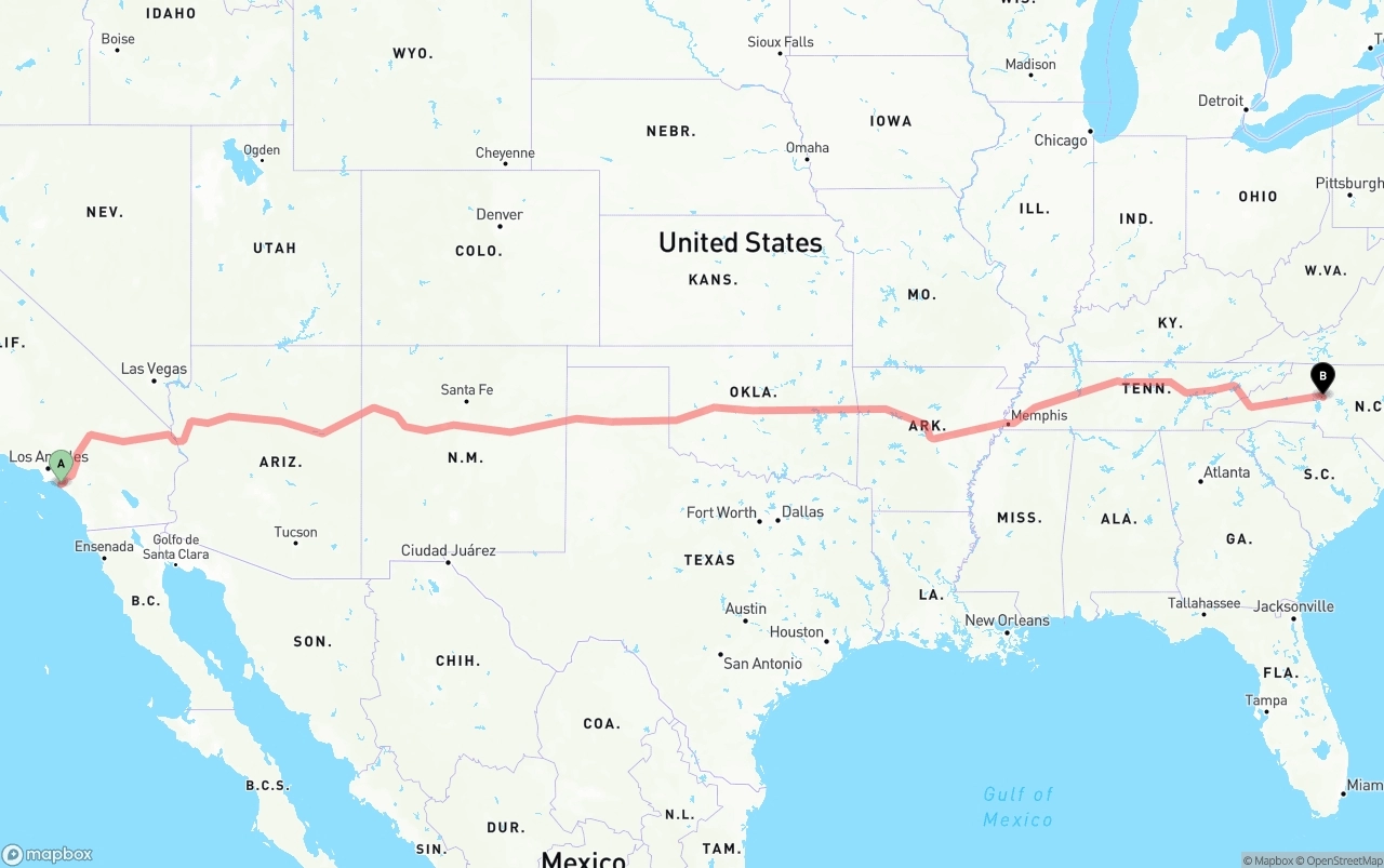 Shipping route from John Wayne Airport — Orange County to North Carolina