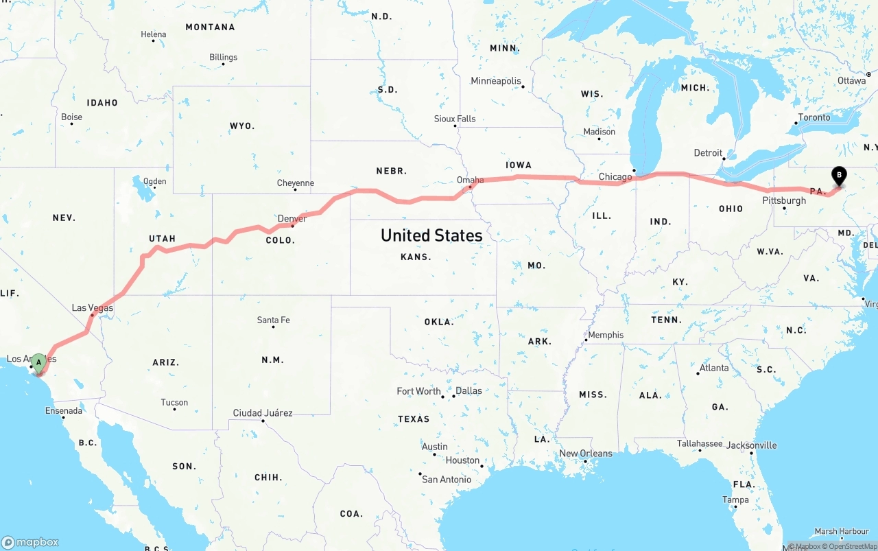 Shipping route from John Wayne Airport — Orange County to Pennsylvania