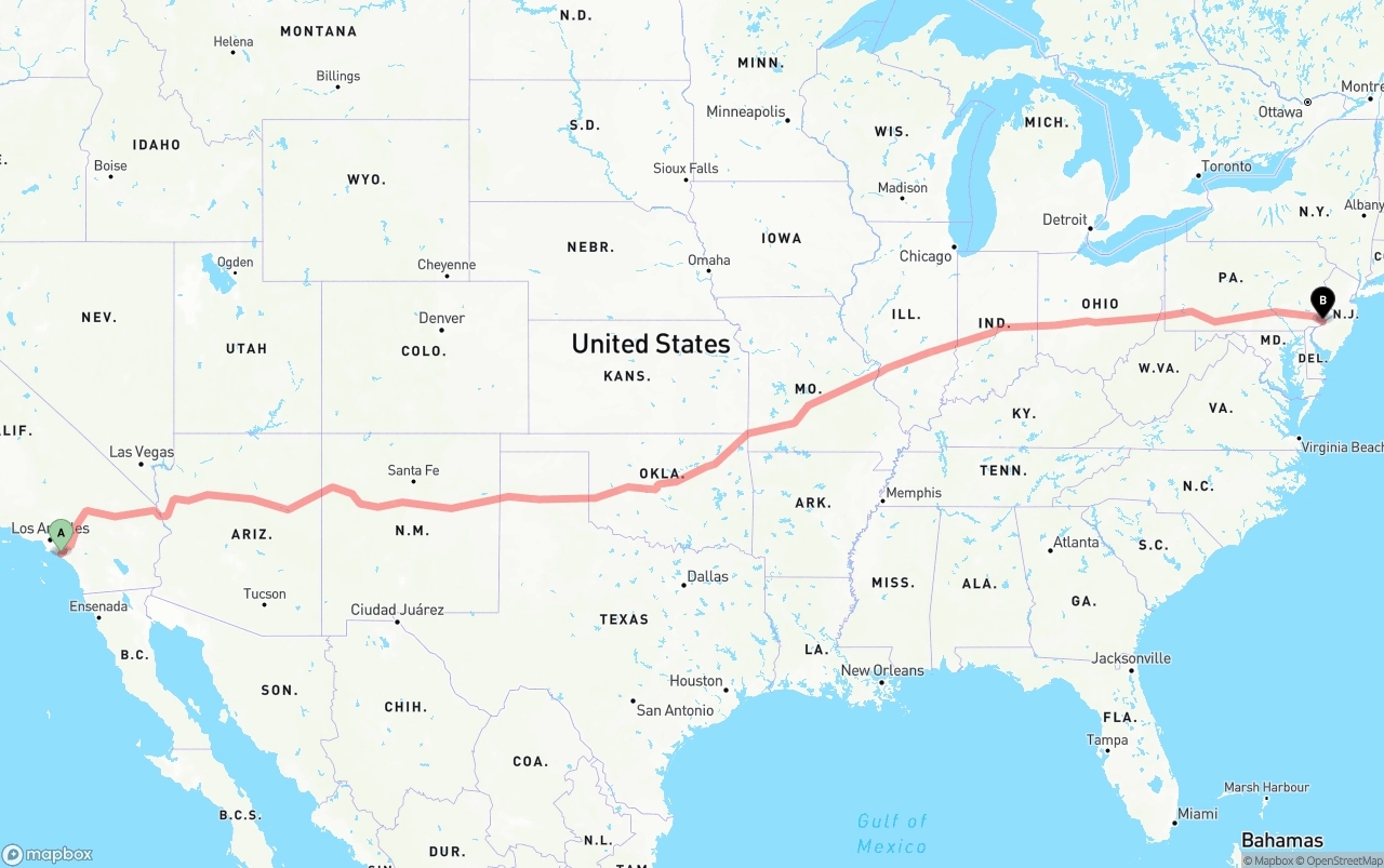 Shipping route from John Wayne Airport — Orange County to Philadelphia