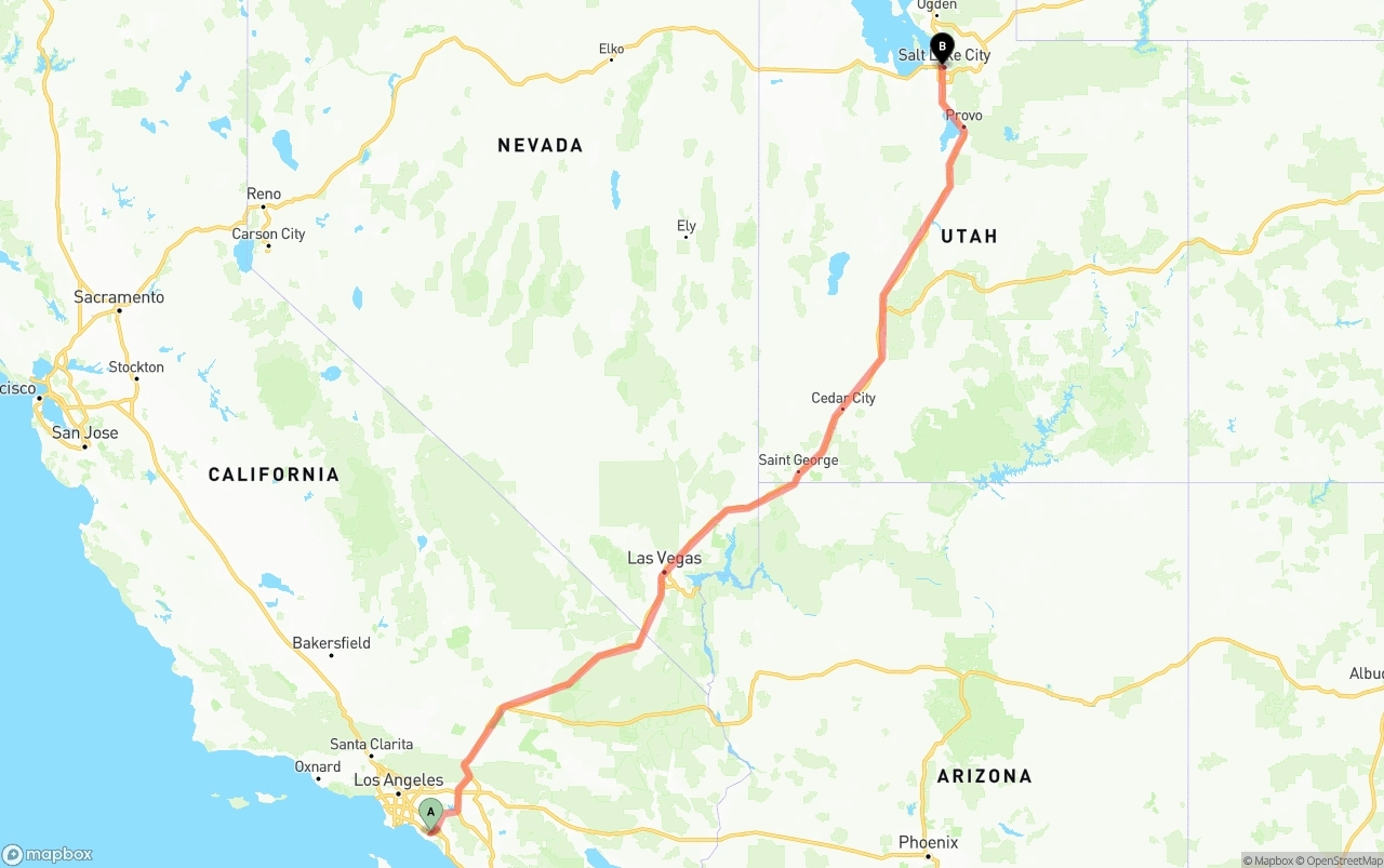 Shipping route from John Wayne Airport — Orange County to Salt Lake City