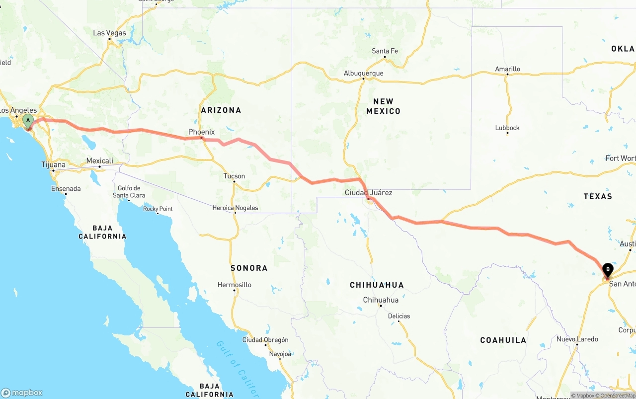 Shipping route from John Wayne Airport — Orange County to San Antonio