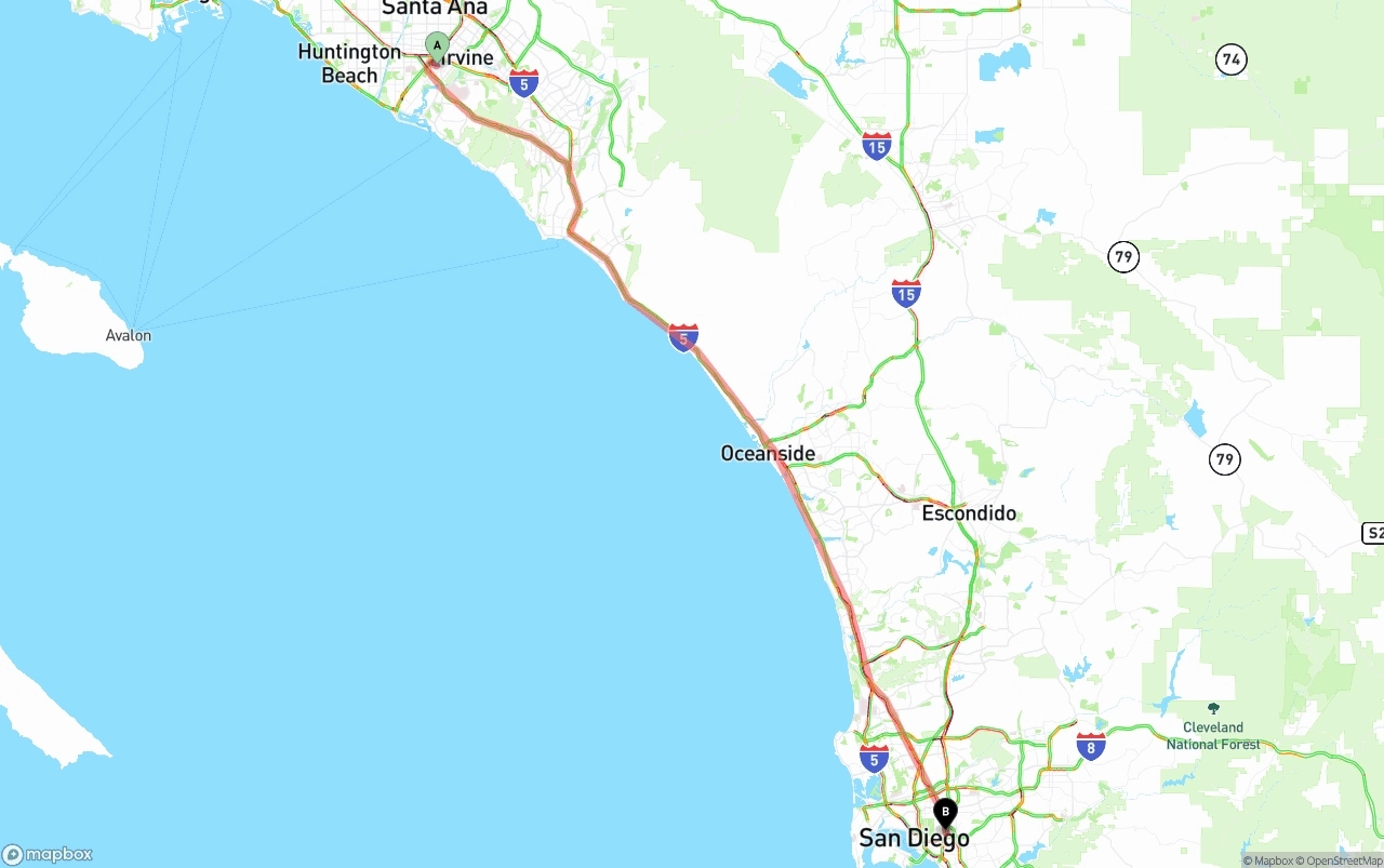 Shipping route from John Wayne Airport — Orange County to San Diego