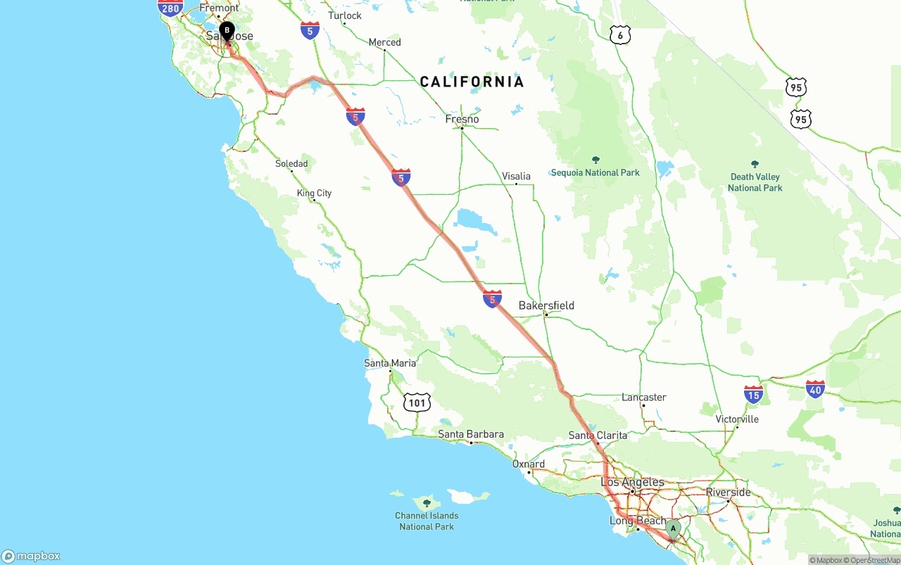 Shipping route from John Wayne Airport — Orange County to San Jose