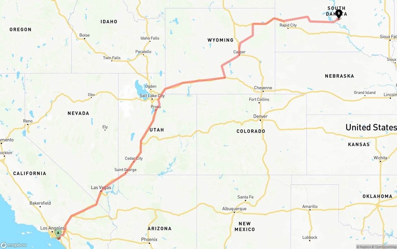 Shipping route from John Wayne Airport — Orange County to South Dakota