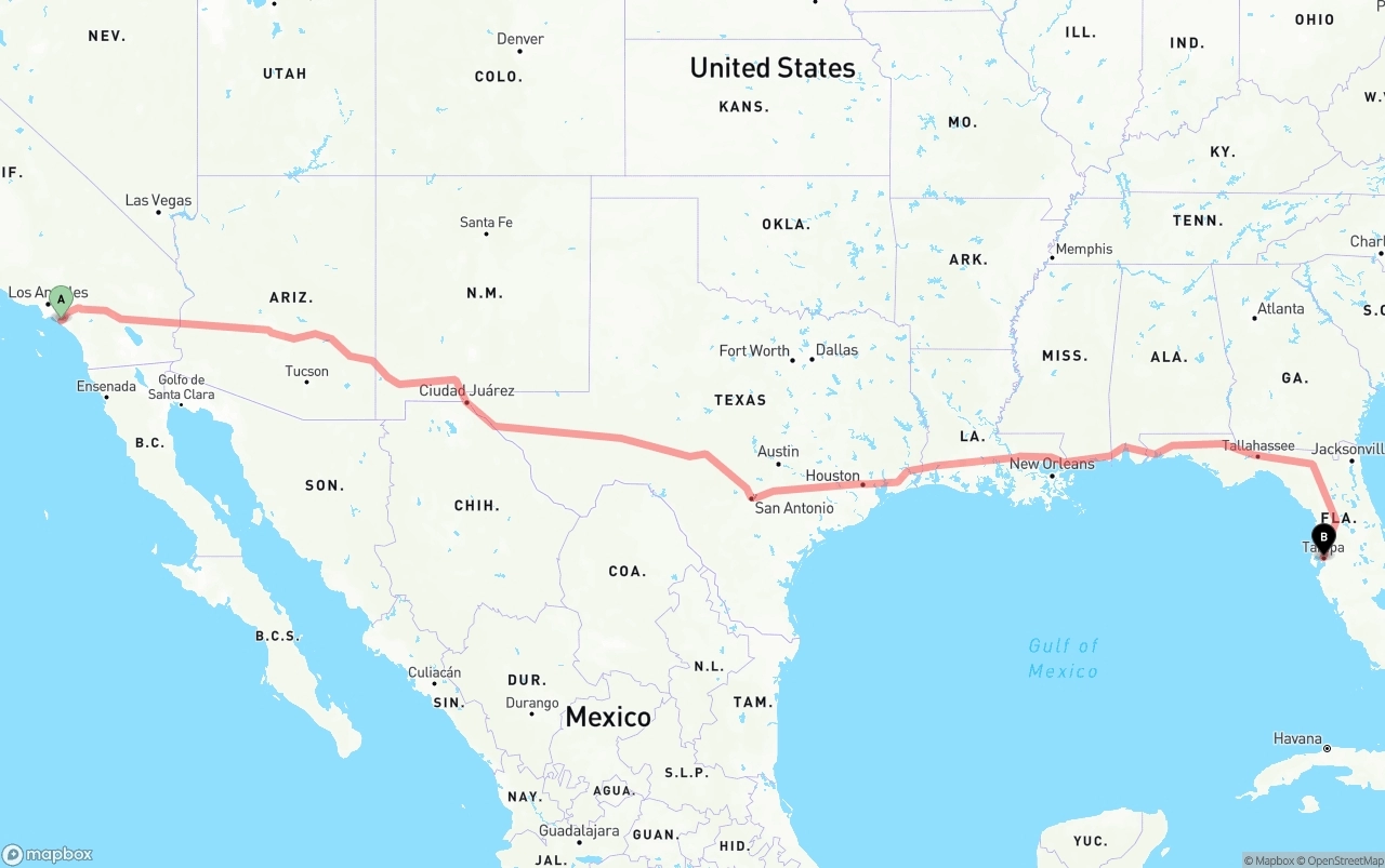 Shipping route from John Wayne Airport — Orange County to Tampa