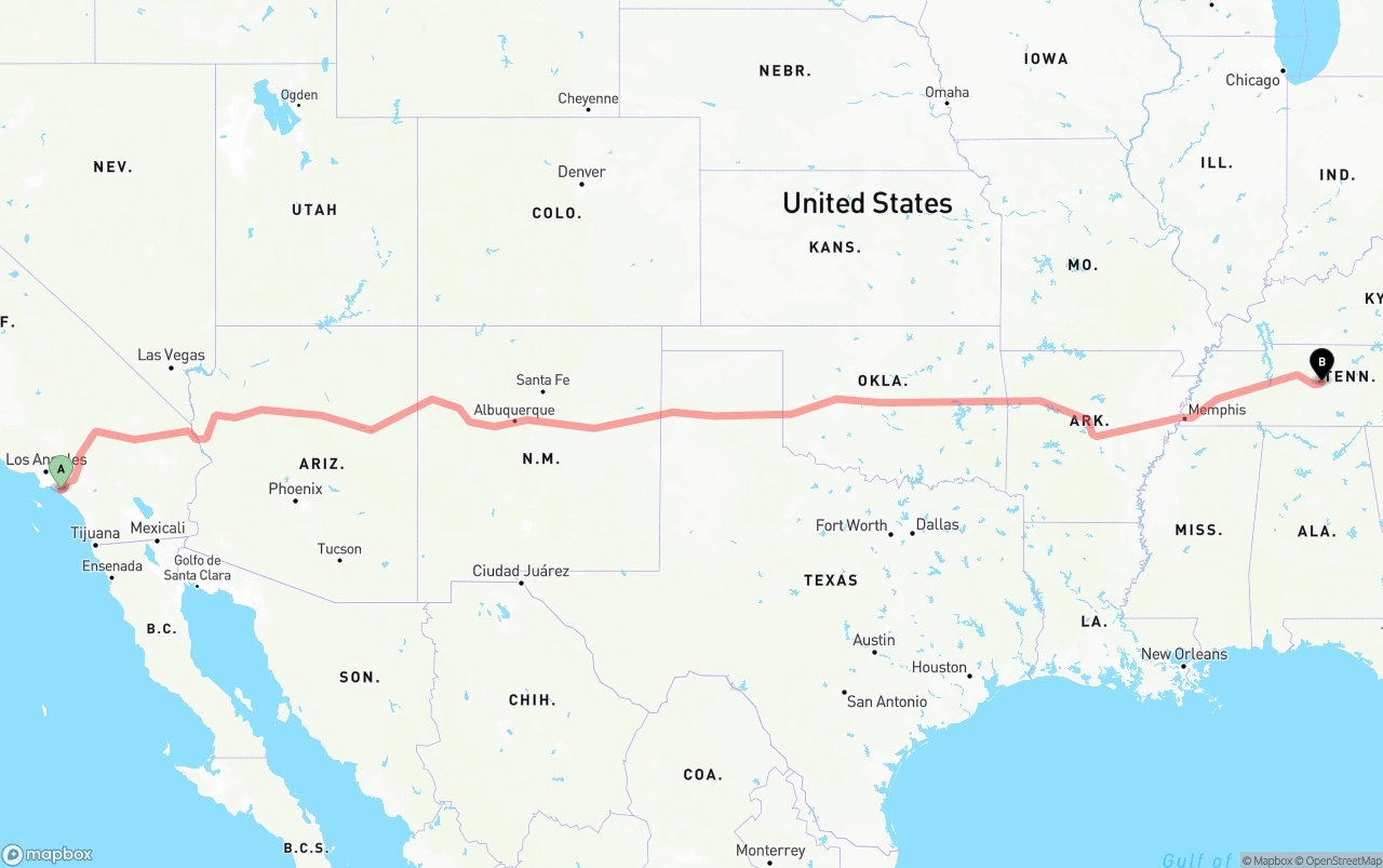 Shipping route from John Wayne Airport — Orange County to Tennessee