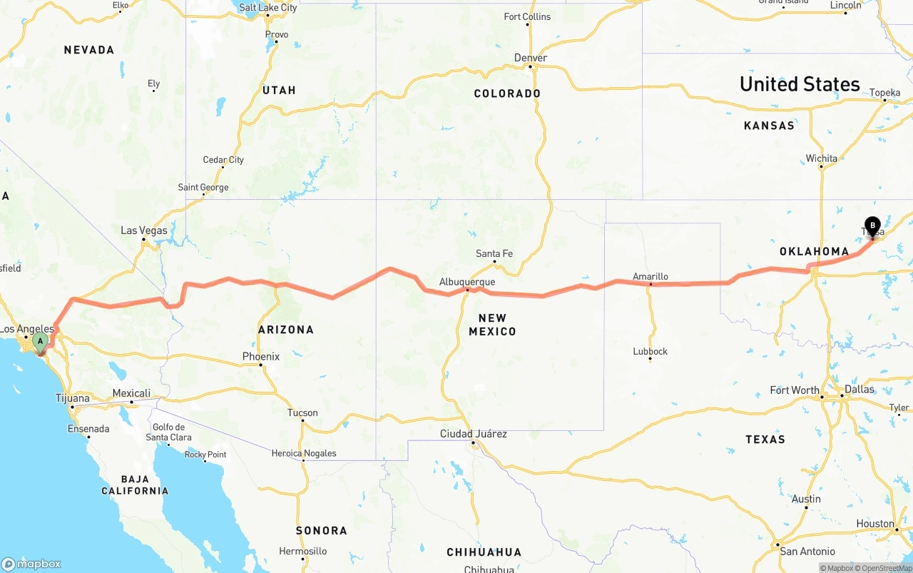 Shipping route from John Wayne Airport — Orange County to Tulsa