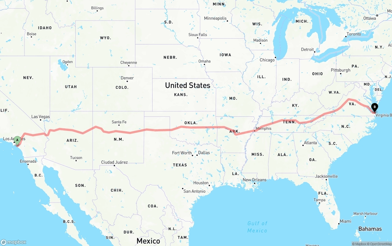 Shipping route from John Wayne Airport — Orange County to Virginia Beach