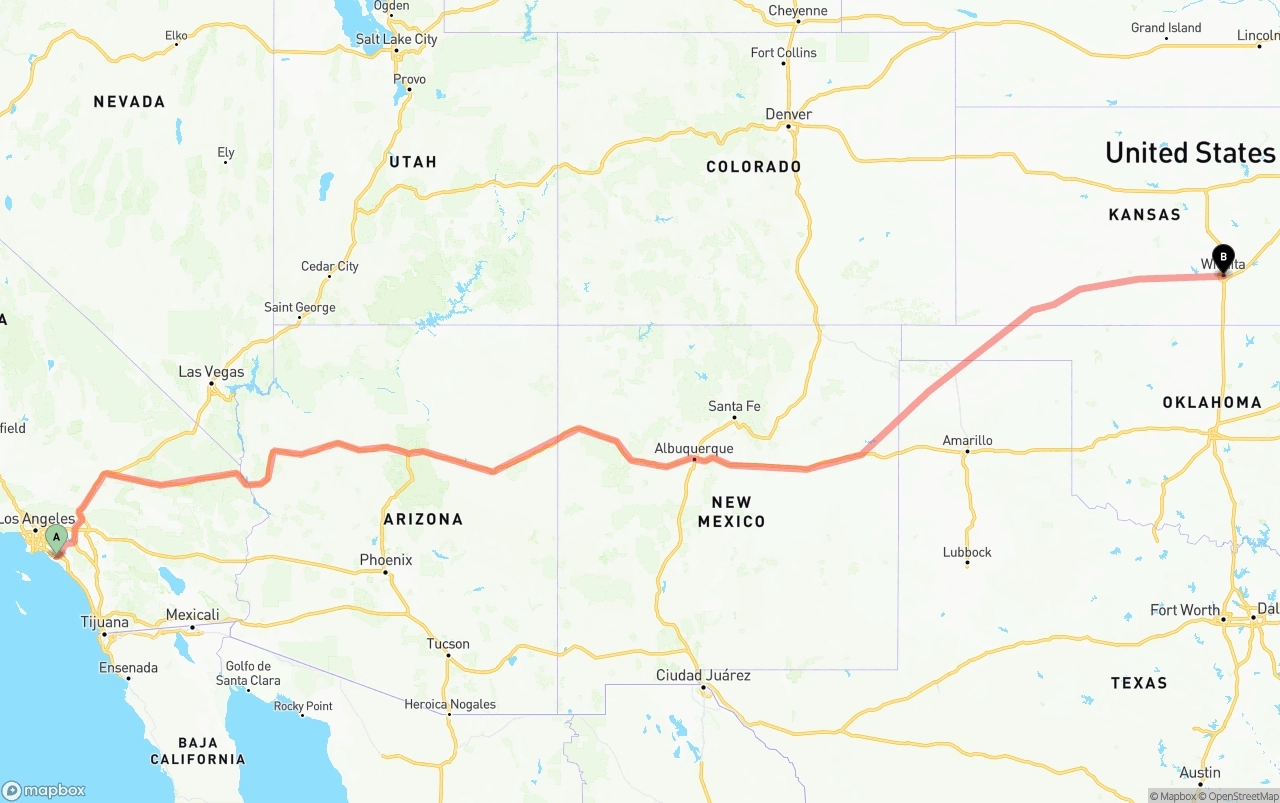 Shipping route from John Wayne Airport — Orange County to Wichita