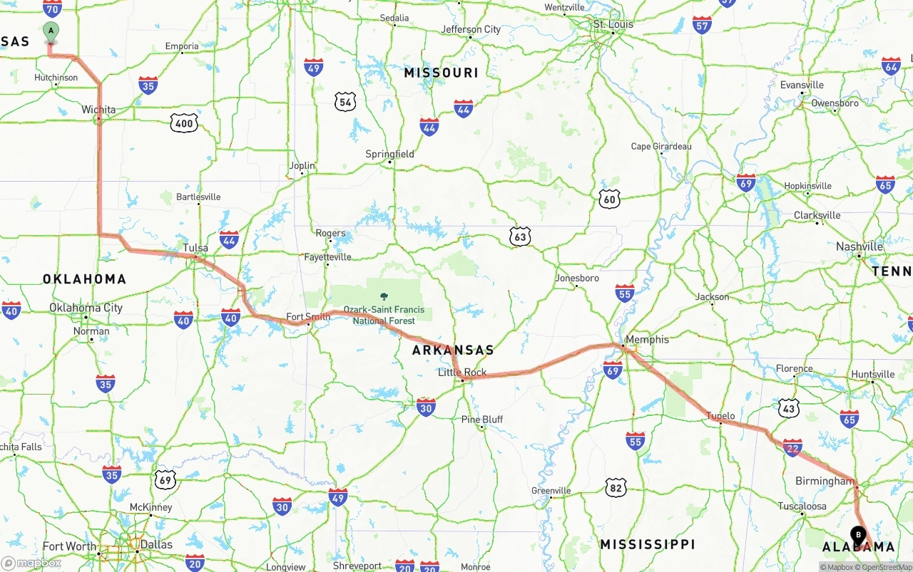 Shipping route from Kansas to Alabama