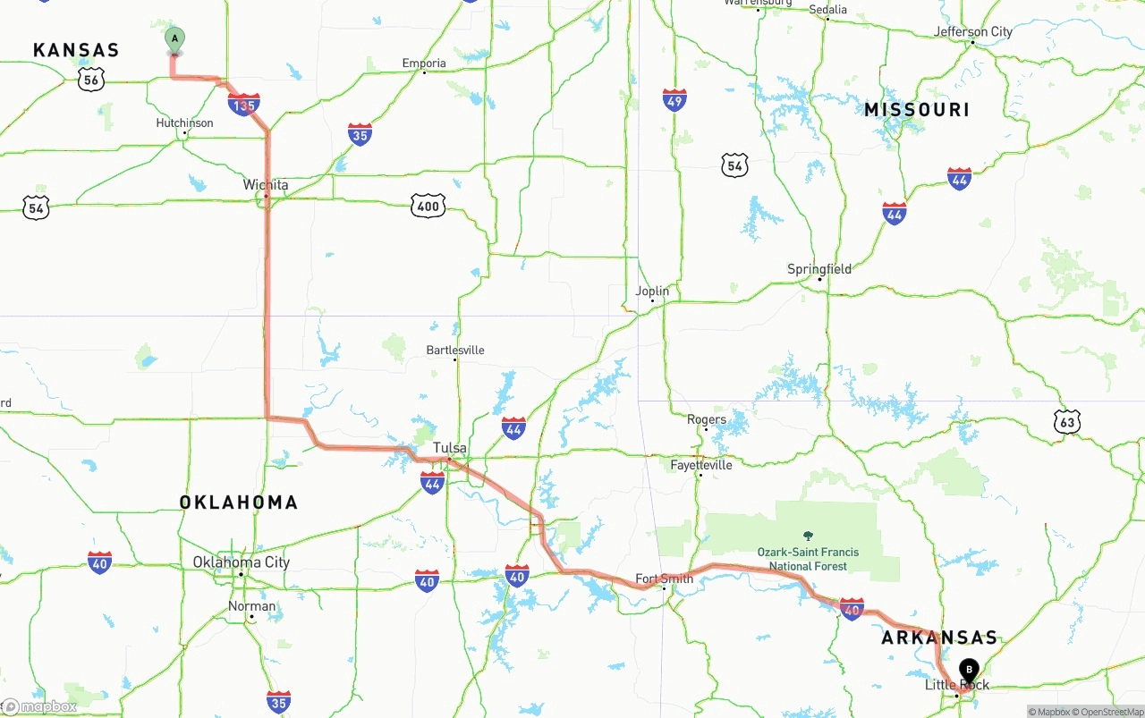 Shipping route from Kansas to Arkansas