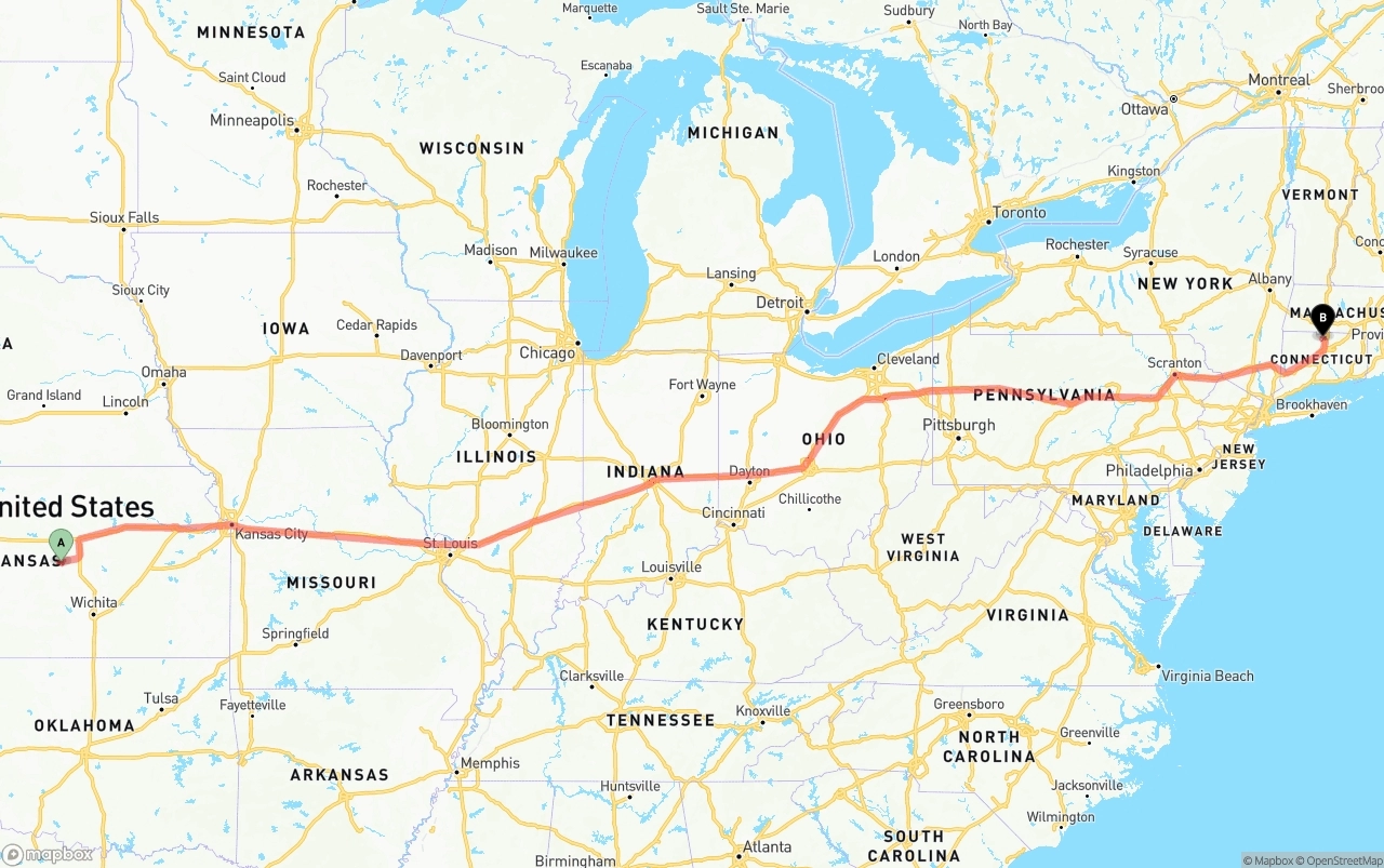 Shipping route from Kansas to Bradley International Airport