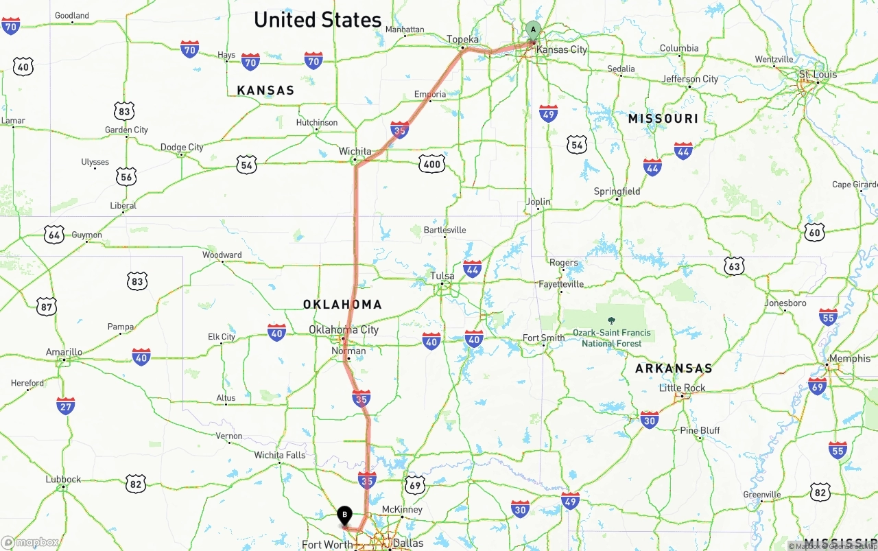 Shipping route from Kansas City to Aurora