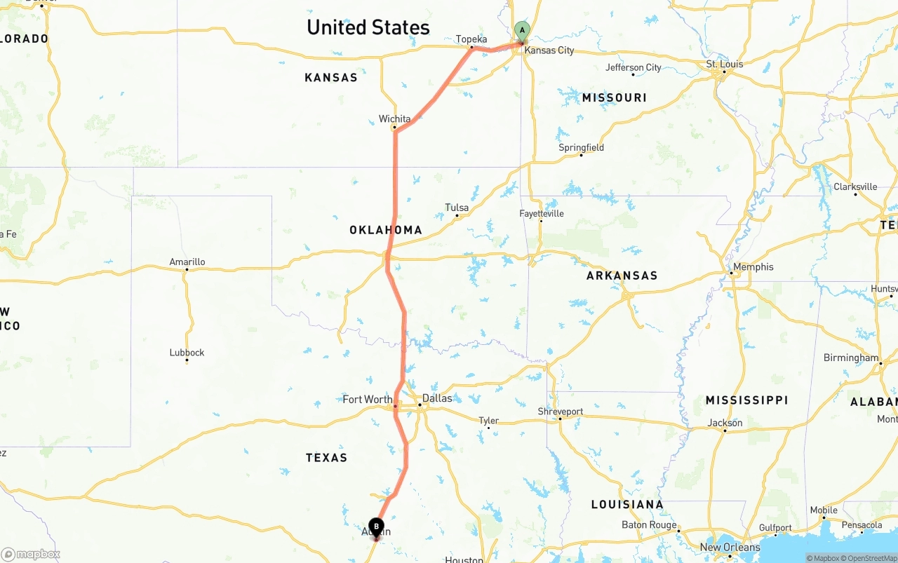 Shipping route from Kansas City to Austin