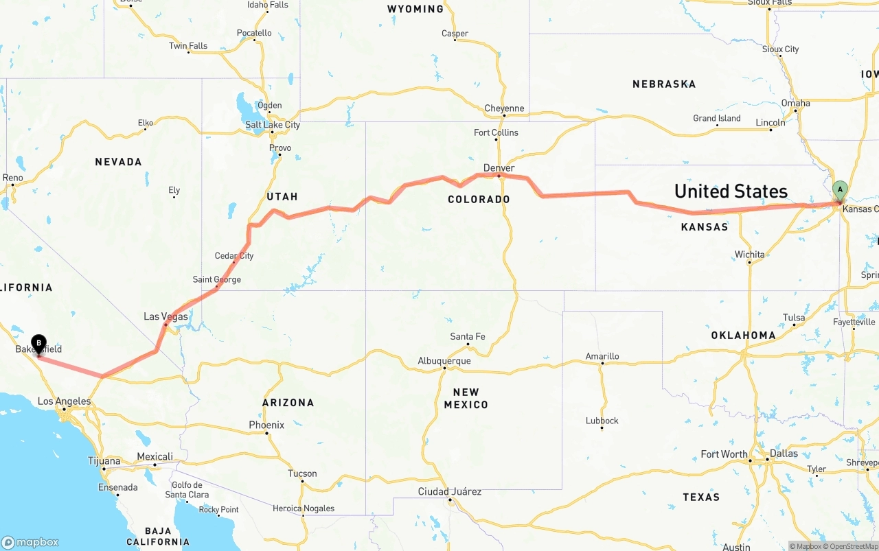 Shipping route from Kansas City to Bakersfield