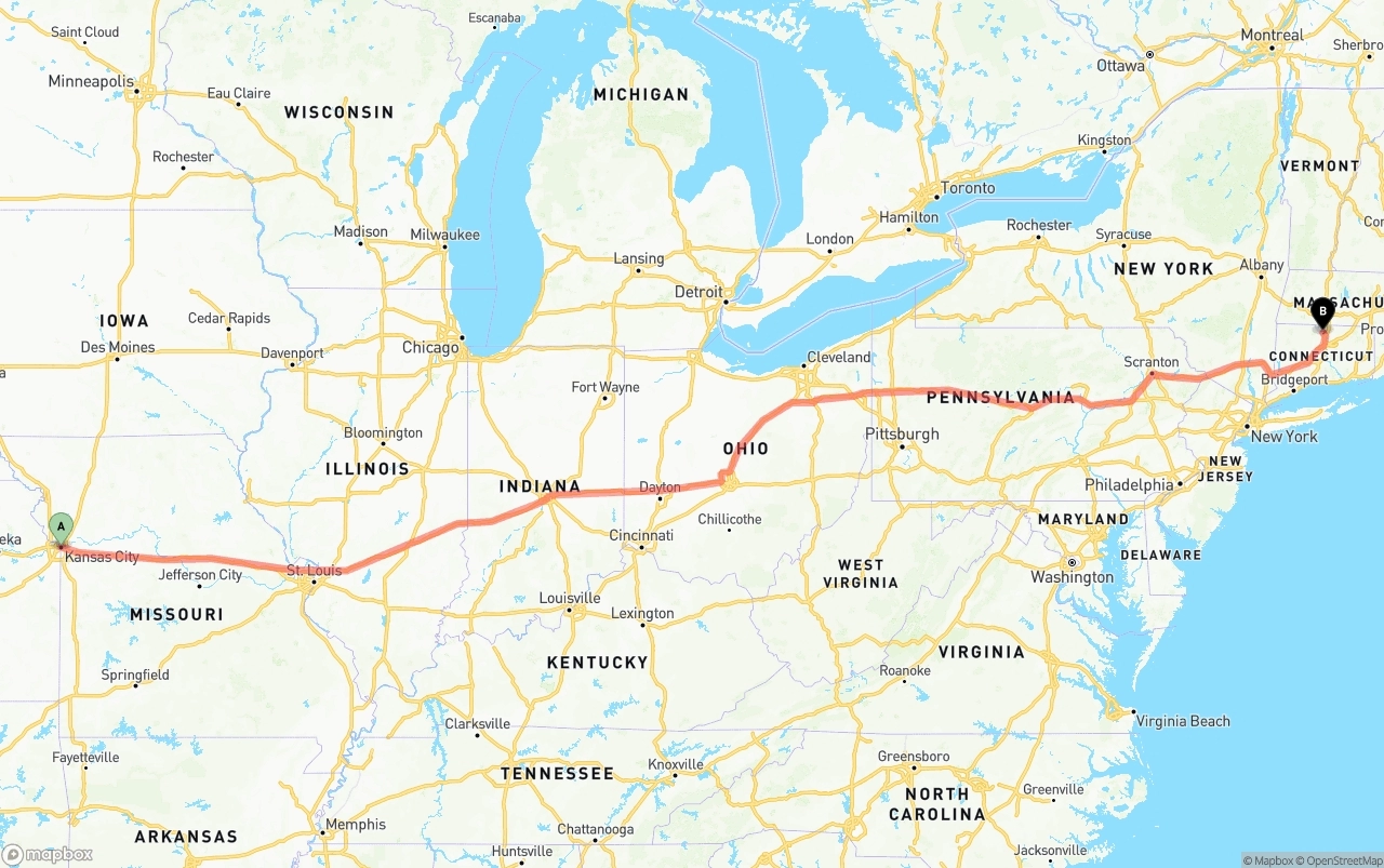 Shipping route from Kansas City to Bradley International Airport