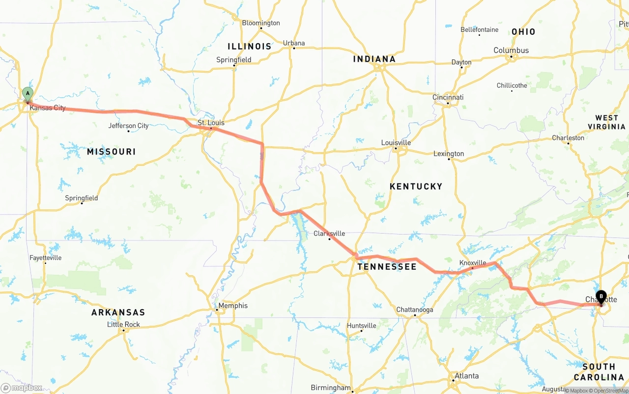 Shipping route from Kansas City to Charlotte