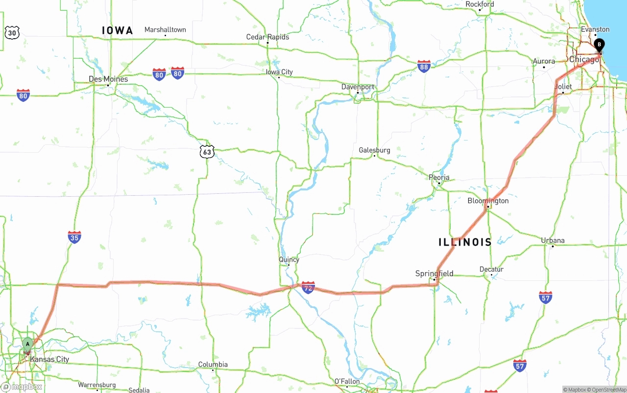 Shipping route from Kansas City to Chicago