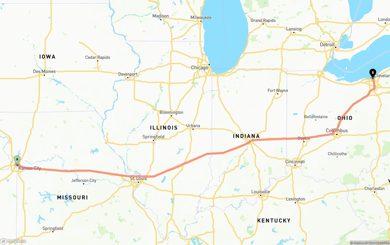 Shipping route from Kansas City to Cleveland