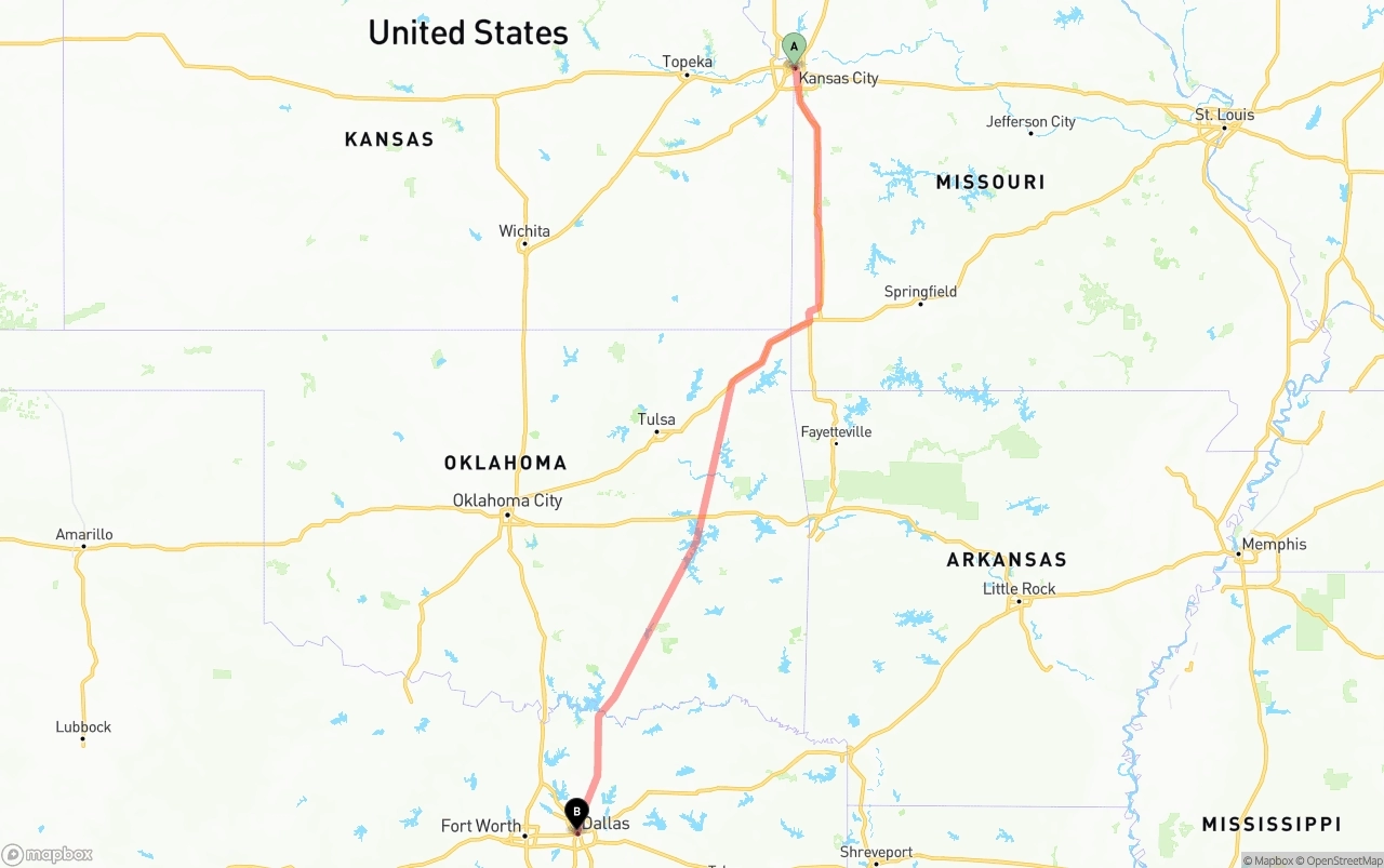Shipping route from Kansas City to Dallas