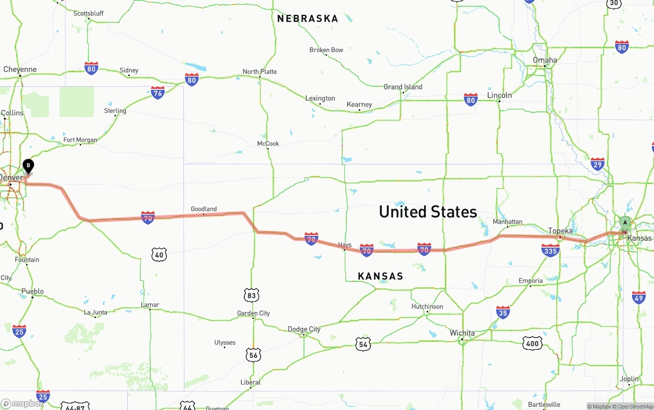 Shipping route from Kansas City to Denver International Airport