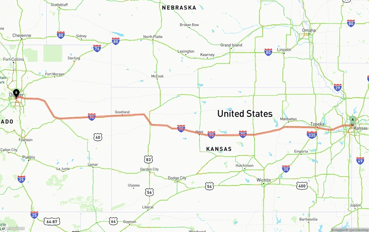 Shipping route from Kansas City to Denver